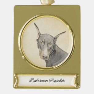 Dobermann Pinscher Malerei - Originale Hundekunst Banner-Ornament Gold