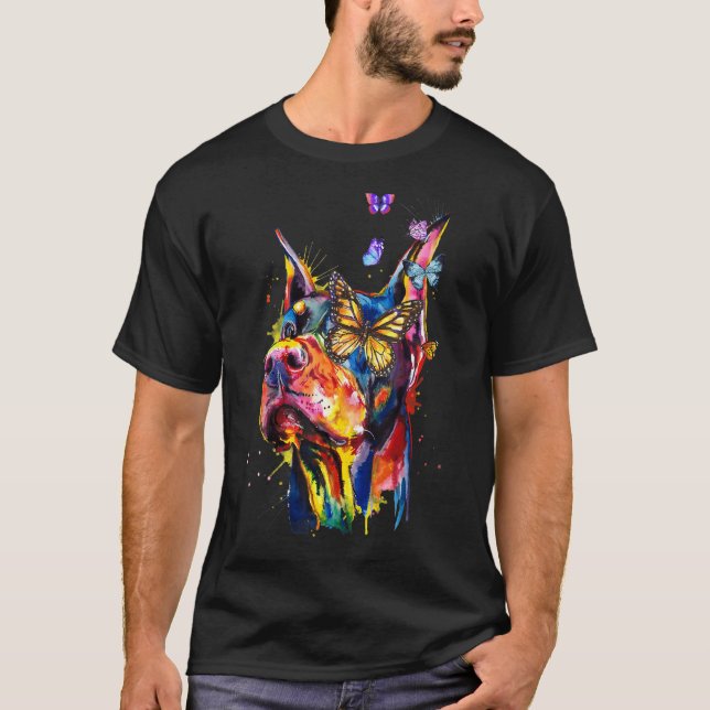 Dobermann Pinscher Splash Schmetterlinge Hund T-Shirt (Vorderseite)