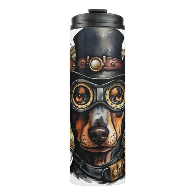 Dobermann Pinscher Steampunk-Hund Thermosbecher (Vorderseite)