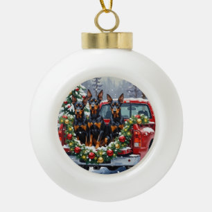 Dobermann Pinscher Weihnachten Rotes Lastwagen Fer Keramik Kugel-Ornament