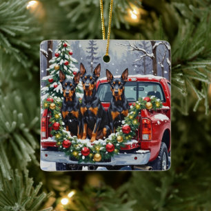 Dobermann Pinscher Weihnachten Rotes Lastwagen Fer Keramikornament