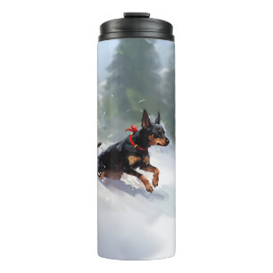 Dobermann Pinscher Weihnachten Schnee Winter Thermosbecher