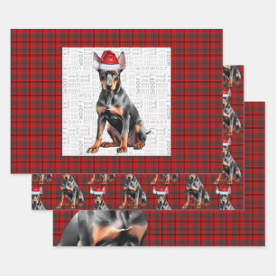 Dobermann Pinscher Weihnachts Hund und rotes Karom Geschenkpapier Set