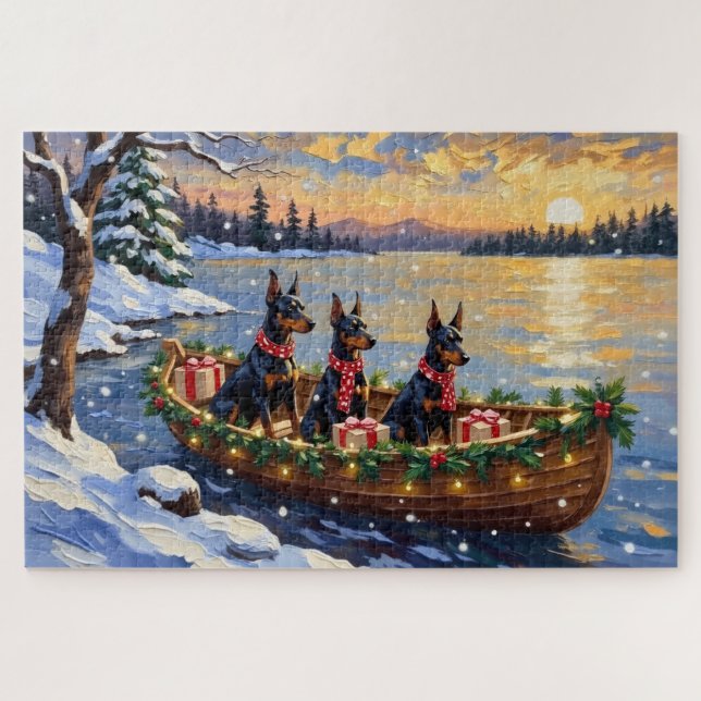 Dobermann Pinscher Weihnachtsboot Feiertage (Horizontal)