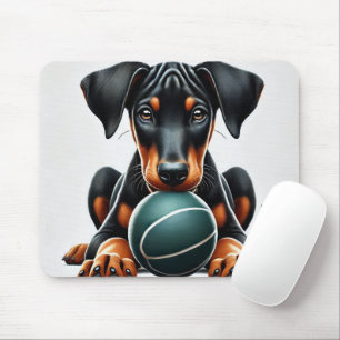 Dobermann Pinscher Welpe hält einen Ball Mousepad
