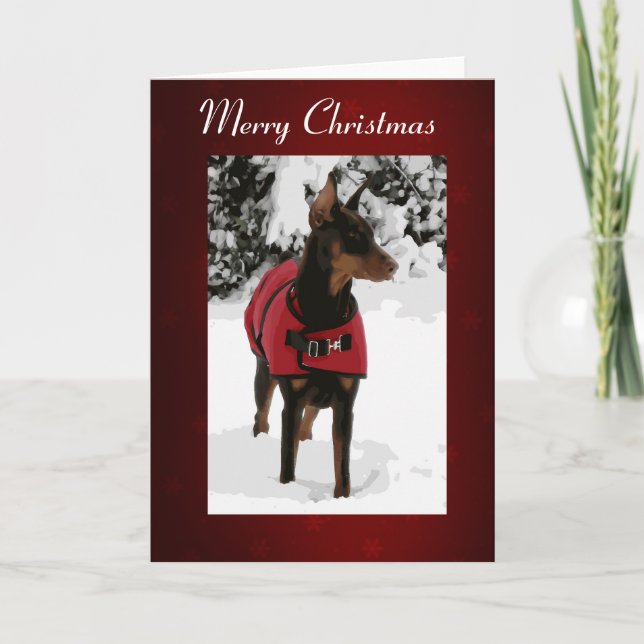 Dobermann rouge dans la carte de Noël de neige (Devant)