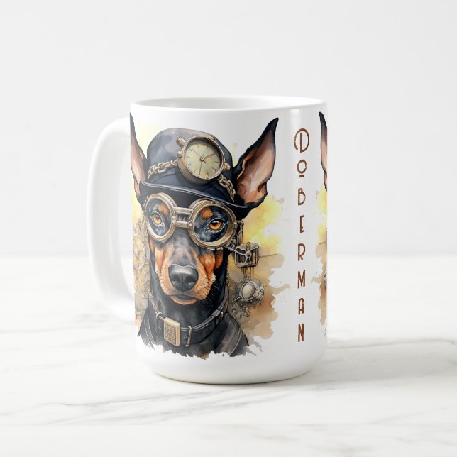 Dobermann Steampunk-Hund Kaffeetasse (Vorderseite Links)