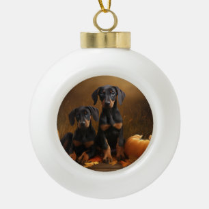 Dobermann-Welpe Herbstfreude Kürbis  Keramik Kugel-Ornament