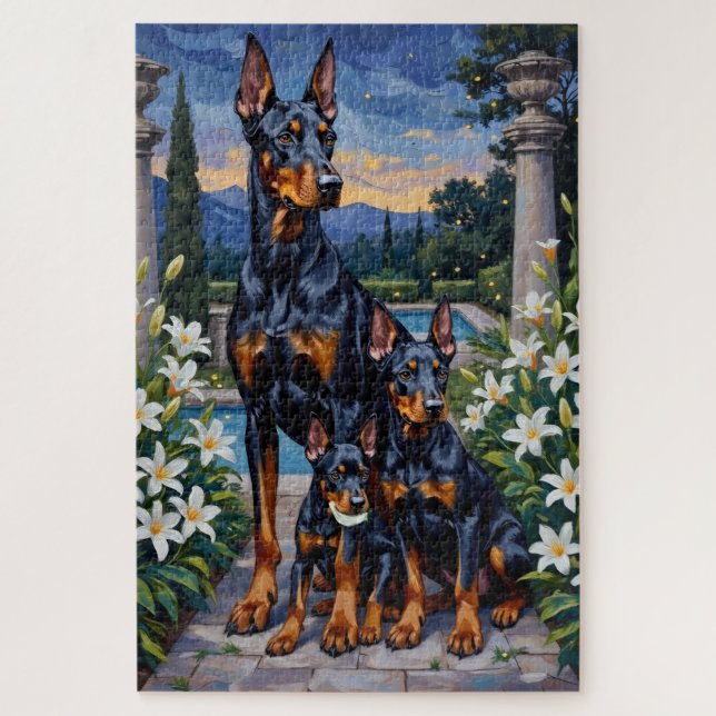 Dobermann-Zwilicht-Liliengarten-Kunst (Vertikal)
