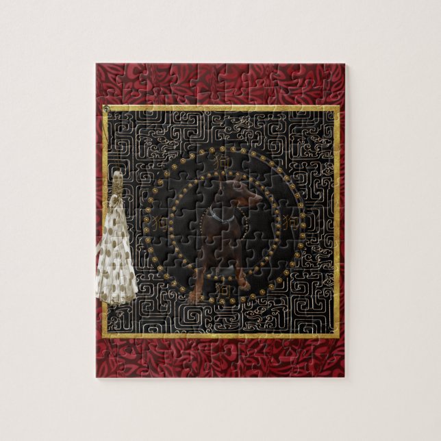 DobermannPinscher, runde Form, Hund auf Chinesen (Vertikal)