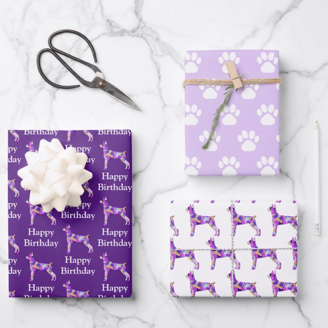 Dobmerman Pinsher Hund Silhouette Lila Happy Bday Geschenkpapier Set (Vorderseite)
