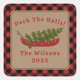 Dock The Halls Kanu Weihnachtsbaum Kariert Quadratischer Aufkleber