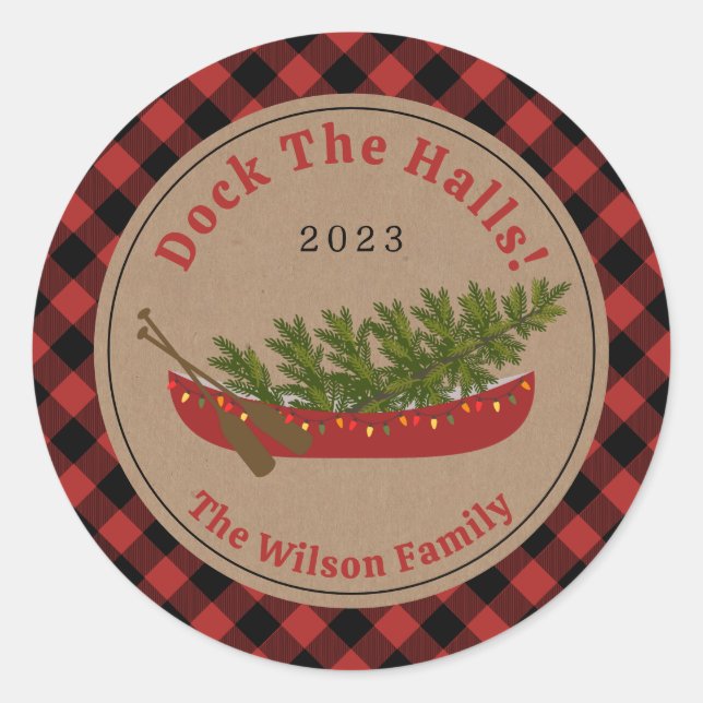 Dock The Halls Kanu Weihnachtsbaum Kariert Runder Aufkleber (Vorderseite)