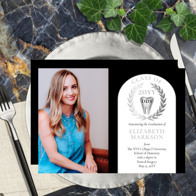 Doctor Dental Operation Foto Abschluss Einladung (Black and Silver tone Photo Doctor of Dental Surgery "DDS" Graduation Announcement - Print | Digital)