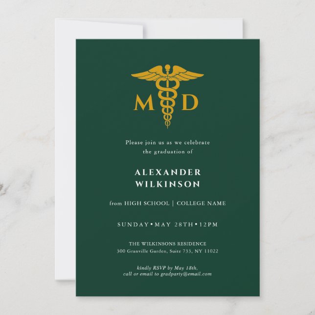 Doctor Green Gold Moderner Medical School Abschlus Einladung (Vorderseite)