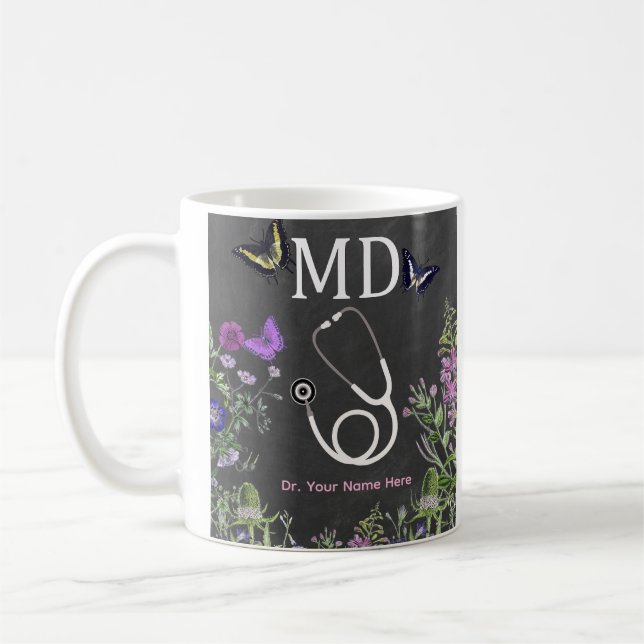 Doctor MD Stethoscope Floral Personalized Kaffeetasse (Links)