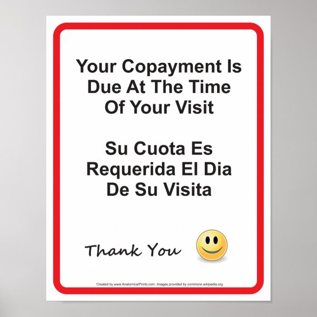 Doctor Office Copayment Wall Sign English Spanish Poster (Vorne)