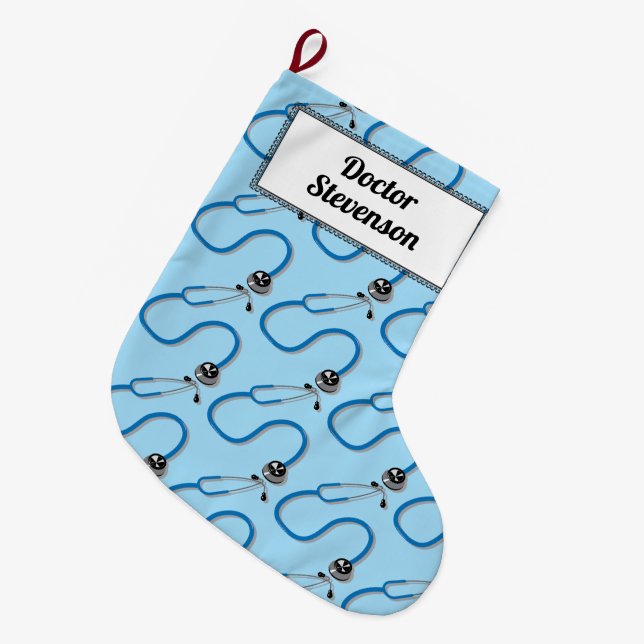 Doctor Stethoscope Muster blau individuell anpassb Großer Weihnachtsstrumpf (Vorderansicht (hängend))
