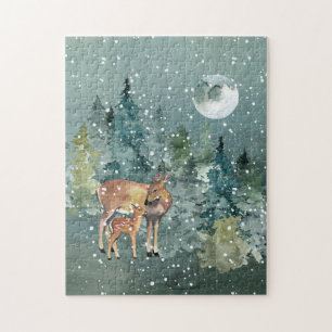 Doe and Fawn Deer Forest Full Moon Snowfall