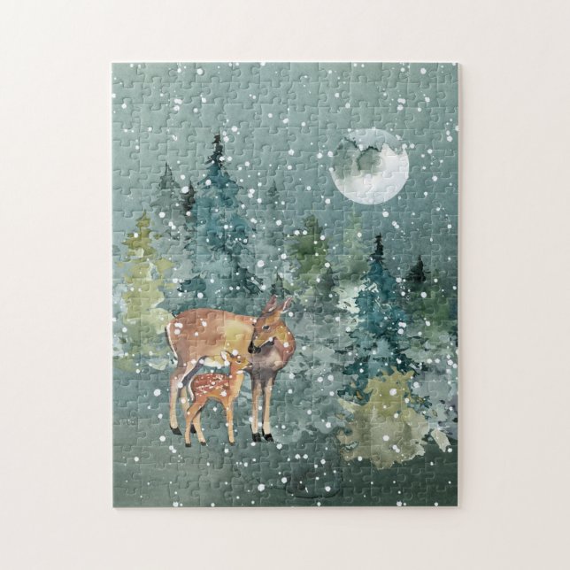 Doe and Fawn Deer Forest Full Moon Snowfall (Vertikal)