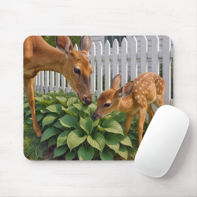 Doe and Fawn Eating Hosta Mousepad (Mit Mouse)