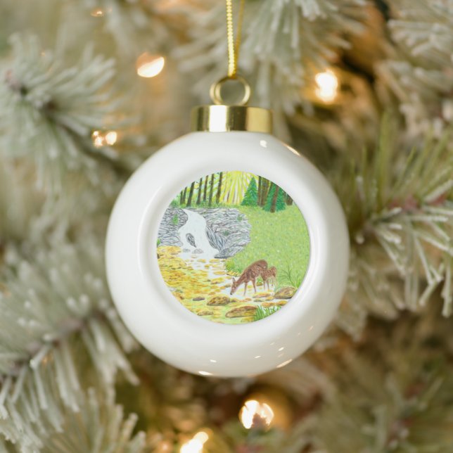 Doe and Fawn Keramik Kugel-Ornament (Baum)