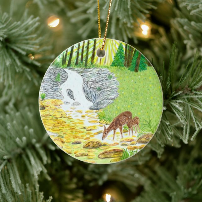 Doe and Fawn Keramik Ornament (Baum)