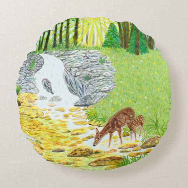 Doe and Fawn Rundes Kissen (Vorderseite)