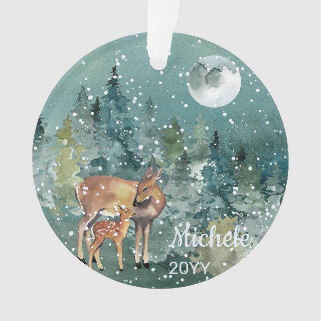 Doe Fawn Deer Forest Pleine lune Snowfall Aquarell (devant)
