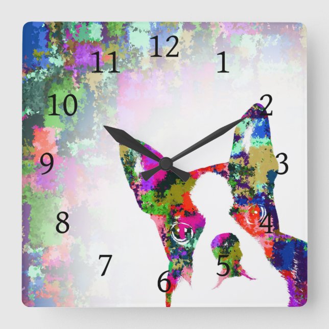 Dog 135 Boston Terrier Quadratische Wanduhr (Vorderseite)