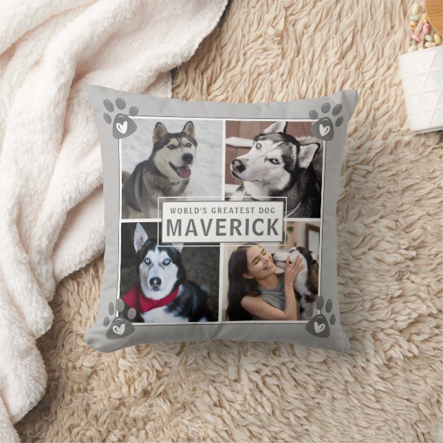 Dog 5 Foto Collage Paw Print Heart Grau Kissen (Decke)