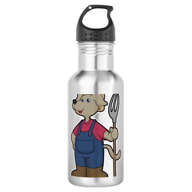 Dog als Bauer mit Rake & Hat Edelstahlflasche (Vorderseite)