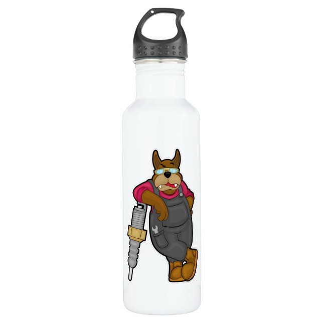 Dog als Mechaniker mit Spark-Stecker Edelstahlflasche (Vorderseite)