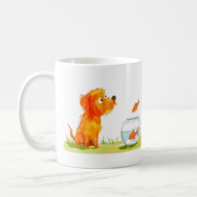 Dog and Goldfish Cartoon Kaffeetasse (Links)