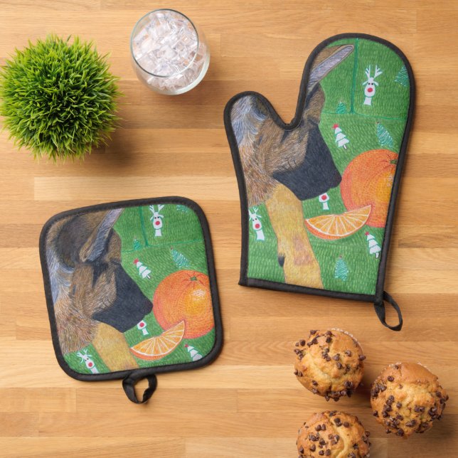 Dog and orange oven mitt & pot holder set (Oben Unten)