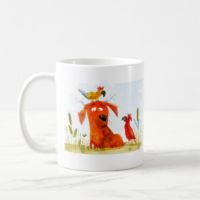 Dog and Parrots Cartoon Kaffeetasse (Links)