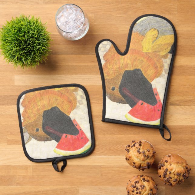 Dog and watermelon oven mitt & pot holder set (Oben Unten)