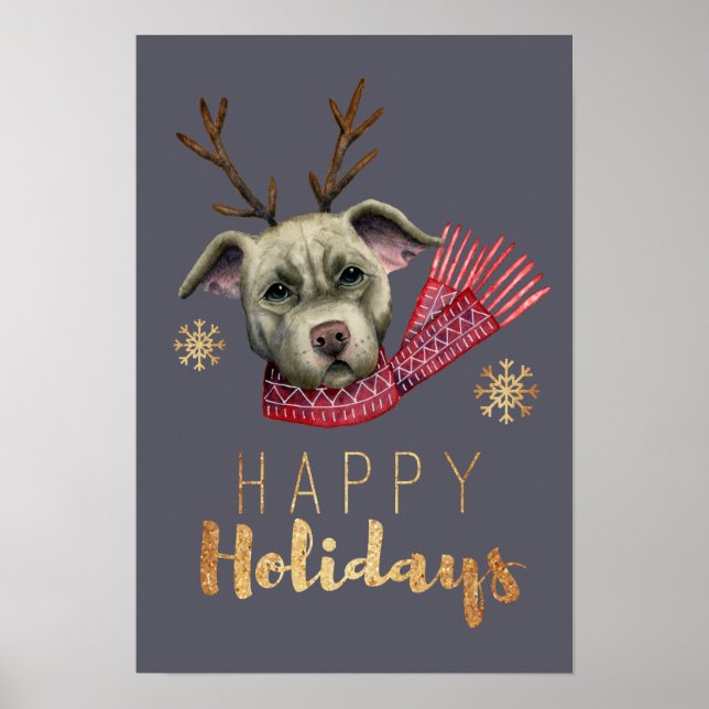 Dog Antlers Christmas Funny Watercolor Art Poster (Vorne)