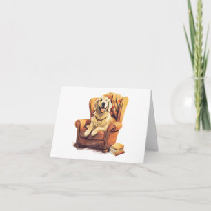 Dog auf Stuhl mit leerer Karte für Bücher