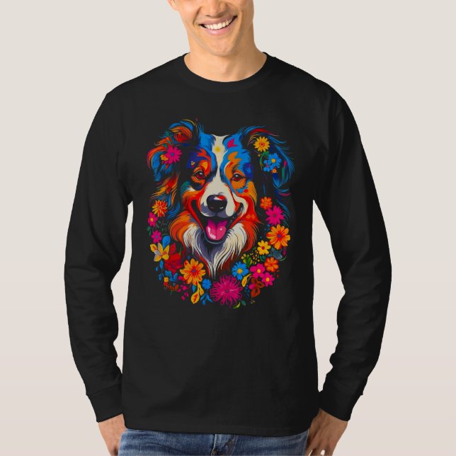 Dog Australian Shepherd Love Peace Flowers T-Shirt (Vorderseite)