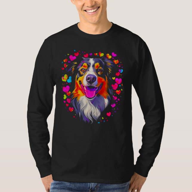 Dog Australian Shepherd Pink Red Hearts T-Shirt (Vorderseite)