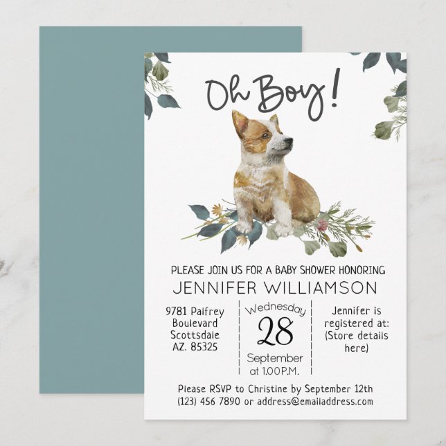Dog Baby Shower Oh Boy! Corgi Puppy Einladung (Vorne/Hinten)