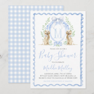 Dog Baby Shower Preppy Boy Puppy Blue Gingham Einladung