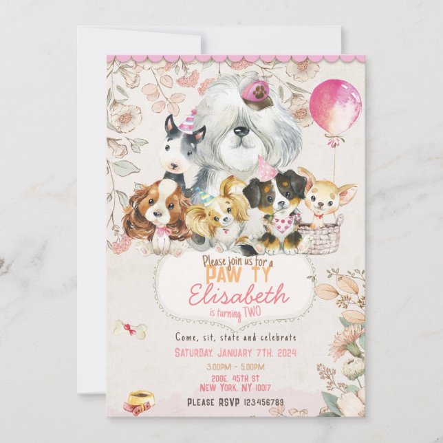 Dog Birthday Invitation Printable, girl Invitation Einladung (Vorderseite)