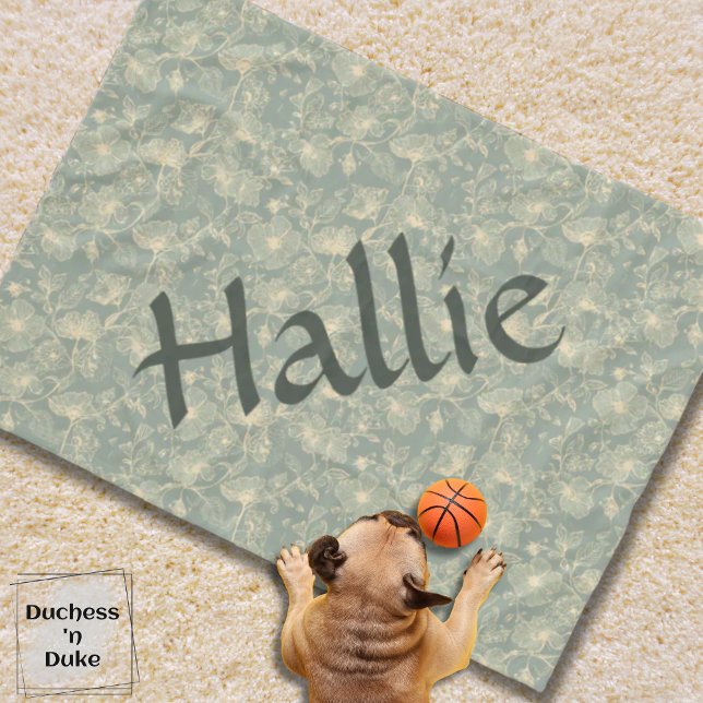 Dog Blanket - Sage Green Botanical, Personalized Fleecedecke (Personalized Sage Green Botanical Dog Blanket on ivory carpet and puppy with toy basketball)