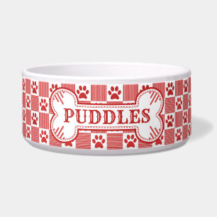 Dog Bone Name Red Paw Print Gingham   PERSONALISIE Napf