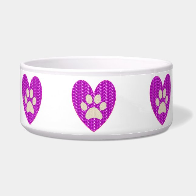 Dog Bowl Paw Herz rosa Weiße Glitzer.. Napf (Vorderseite)
