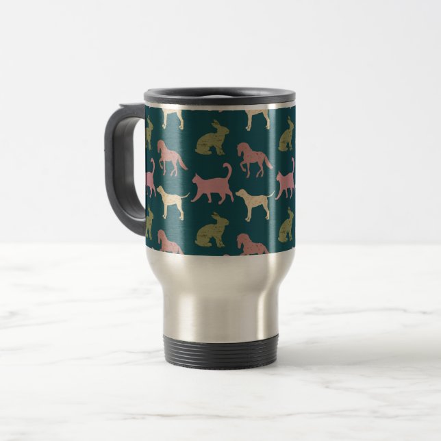 Dog Cat Horse Animal Silhouettes Pattern Reisebecher (Vorderseite Links)