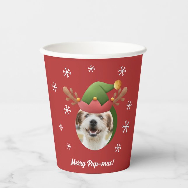 Dog Christmas Photos w/ Elf Reindeer Antler Hats Pappbecher (Vorderseite)