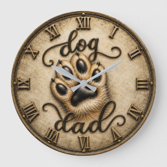 Dog Dad Rustic Paw Print Große Wanduhr (Vorderseite)